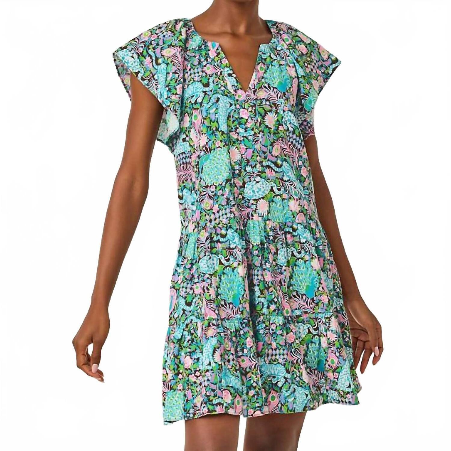 New Lilly Pulitzer Norella Flutter Sleeve Linen Dress In Multi Royal Zoo
